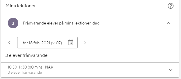Vyn visar vilka elever som är frånvarande på mina lektioner