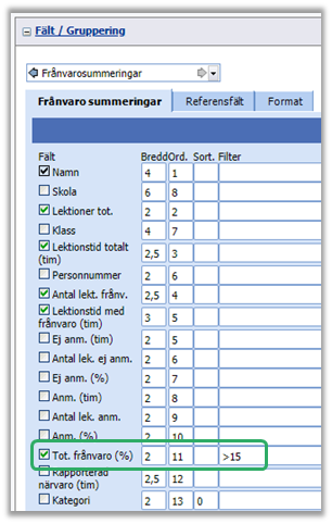 Det går att justera inställningarna för sammanställningen