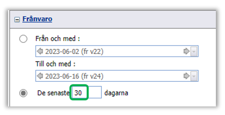 Inställning för antal dagar som ska inkluderas