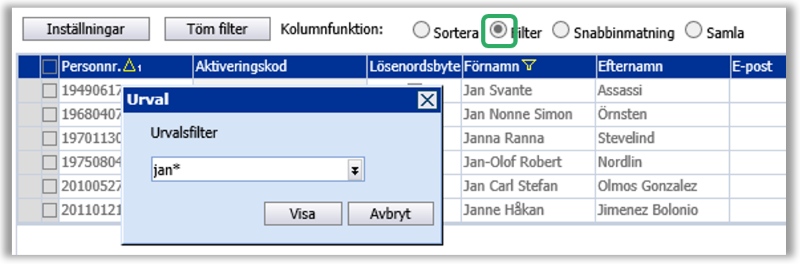 Visar möjlighet att filtrera för att hitta personen