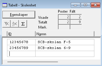 Tabell - Skolenhet med registrerade skolenhetskoder och namn.