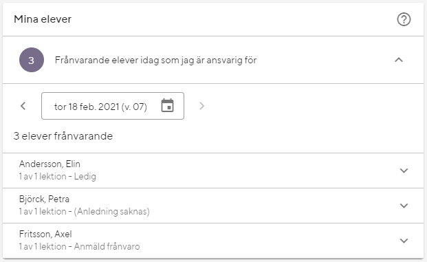Vyn visar vilka av mina elever som är frånvarande